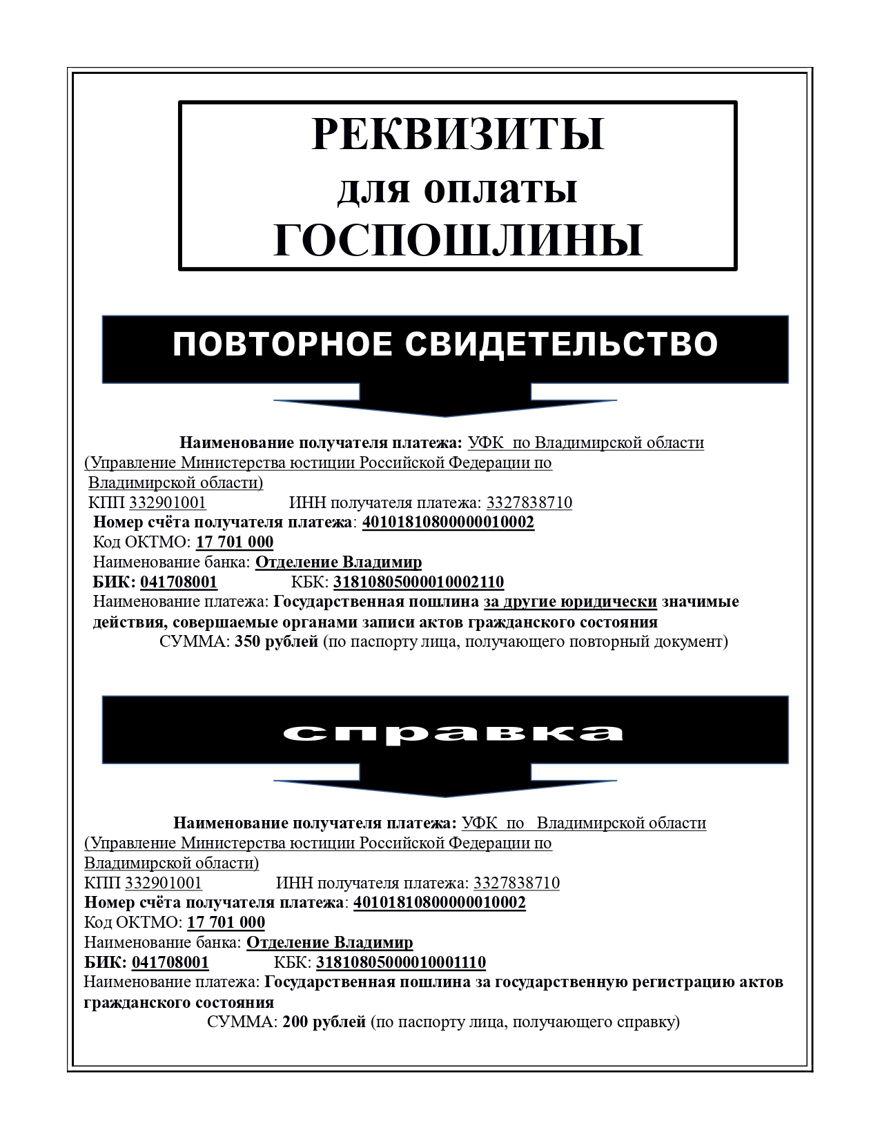 Администрация Краснопламенского сельского поселения Александровского района  Владимирской области | Реквизиты для оплаты госпошлины